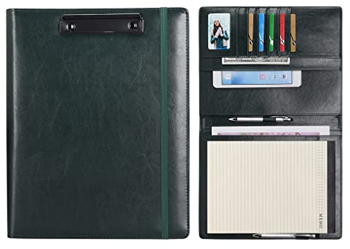 Wonderpool A4 PU Leather Clipboard Partfolio Notepad Forms Holders Document Case - Interview Planner Meeting Writing Padfolio File for Office Travel School Hotel Hospital (A4,Green)