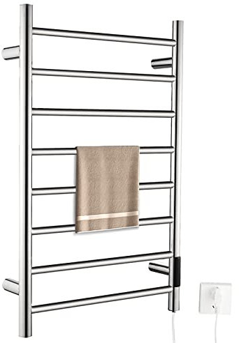 QL Sèche-Serviettes Électrique avec Minuteur,Porte-Serviettes Chauffant Mural avec Contrôle de la Température,170W,Acier Inoxydable 8 Bar,800x500mm,Argenté