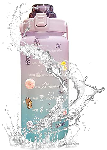 MENAYODA Trinkflasche Sport, 2 liter Trinkflasche mit Strohhalm, BPA-Frei, Auslaufsichere Motivationswasserflasche für Gym, Outdoor, Büro (Lila)