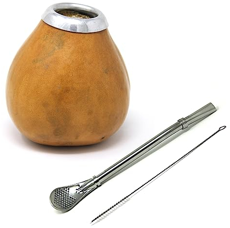 Quertee Mate Trinkbecher Set - Yerba Mate Kalebasse Kürbis Matebecher + Bombilla Mate Strohhalm + Bombilla Bürste für Mate Tee