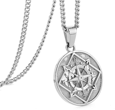 Murtoo Silber Kreisförmig Kette Herren, Halskette Mit Kompass Anhänger, Edelstahl Silberkette, Geschenk