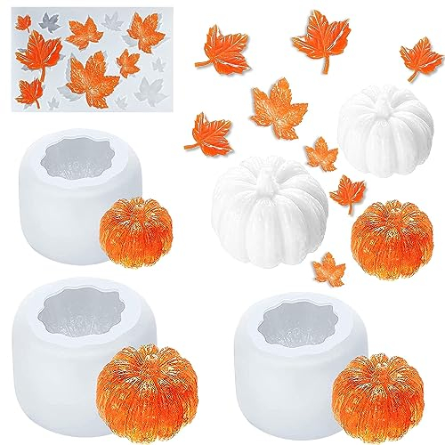 Thanksgiving Halloween Harzformen,4 Stück 3D Halloween Kürbisform,Thanksgiving Ahornblatt Silikon Form,für Herbsternte,Halloween,Silikonform,Kerzenform,Thanksgiving DIY Basteln Dekoration