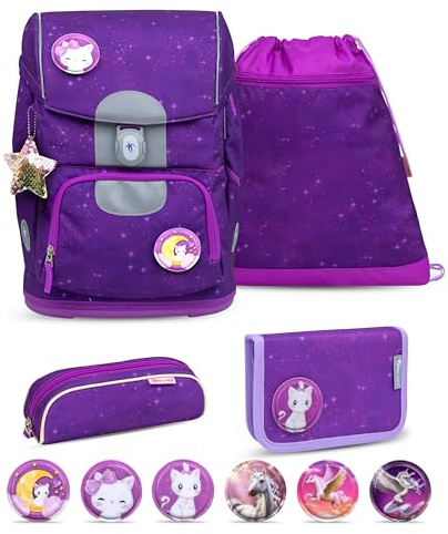 Belmil Motion ergonomisches Schulranzen Set 5-teilig aus recyceltem Material mit Brustgurt, Hüftgurt, Magnetverschluss, Patch Set 6 Stück (405-74/AG/S) (Purple Sky 2)