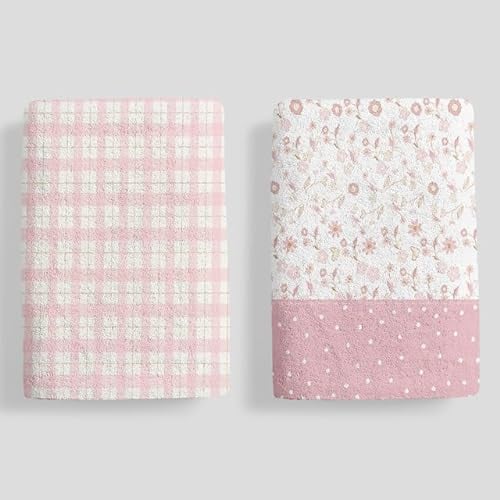 Horienteeon Kitchen Towel Set of 2 Pastoral Style Pink Buffalo Plaid Floral Dish Towels, Premium Quick Dry Towel, Spring Decorations Hand Towels/Tea Towels for Farmhouse Housewarming Gift 60×40cm