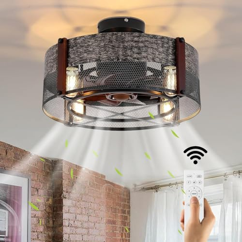 Vintage Ventilador De Techo Con Luz Y Mando a Distancia silencioso E27 Industrial Ventiladores de techo con lámpara Negra metal Plafon de Techo Fan Lámpara de Techo para Dormitorio Salón Cocina