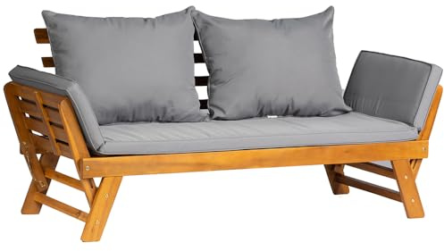 Panana Acacia Wood Convertible Couch Sofa Bed with Adjustable Armrest Folding Daybed Collapsible Chaise Lounge with Cushion Pillow Outdoor Loveseat for Garden Patio Poolside (Grey)