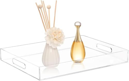 Acrylic Serving Tray, Plastic Food Serving Tray with Handles, Spill Proof Rectangle Ottoman Tray, Clear Decorative Tray for Bathroom Bedroom Coffee Table Vanity, 40.5x30.5 cm