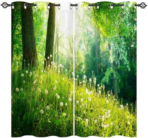 ANHOPE Natur Park Grün Gras Baum Gardinen Blickdichte Thermo Vorhänge mit Ösen Weich Vorhang Blackout Curtain Wohnzimmer Schlafzimmer Verdunklungsvorhänge 2er Set H 138 x B 132 cm