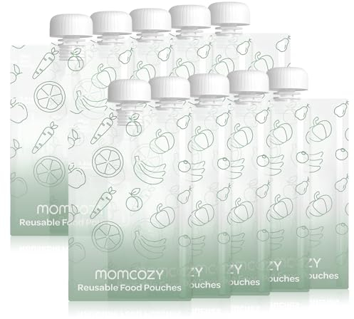 Momcozy Pochettes Réutilisables pour Nourriture de Bébé pour Tout-Petits, Plastique sans BPA, Compatibles Congélateur, Rechargeables pour Compote de Pommes, Yaourt et Purée, Lot de 10, 3,4-4 oz