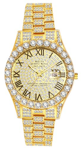 OIDEA Uhren Herren Armbanduhr mit Strass: Gold Herrenuhr Analog Quarz Uhr Kalender Glitzer mit Römische Zifferblatt Casual Metallarmband Geschenk für Männer Freund