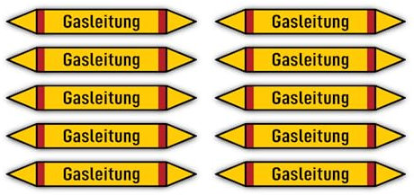 Aufkleber: 100x15 mm, 10 Stück - Gruppe 4 - Brennbare Gase - Rohrleitungskennzeichnung - nach DIN 2403 - Sprache: deutsch - Gasleitung