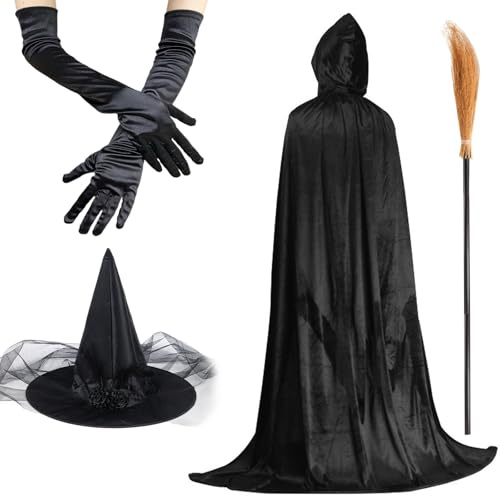 Celebration Directre Halloween Witch Costume for Women, Black Velvet Cape Witch Cape Witch Hat Satin Gloves Broom Fancy Dress Accessory for Halloween Party Cosplay