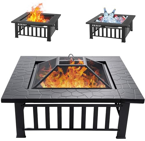 EcoNook Braciere da 81,3 cm, tavolo quadrato per esterni con schermo anti-scintille e attizzatoio per fuoco, braciere multiuso 3 in 1 per esterni, camino per cortile, giardino, patio