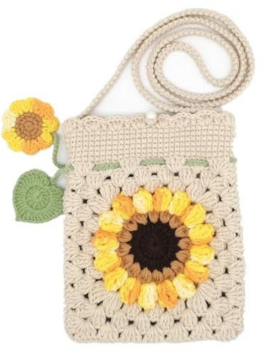 oukesin Handgemachte gehäkelte Handytasche mit Sonnenblumenblüten Stricktasche für Damen 3 Farben, Beige