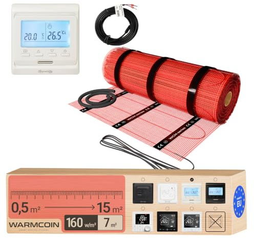 Elektrische Fußbodenheizung Heizmatten-Set mit Digital-Thermostat 7 m² | Programmierbares Raumthermostat mit LCD; Elektro-Flächenheizung 160 W/m², selbstklebend, Bodenfühler; für Fliesen