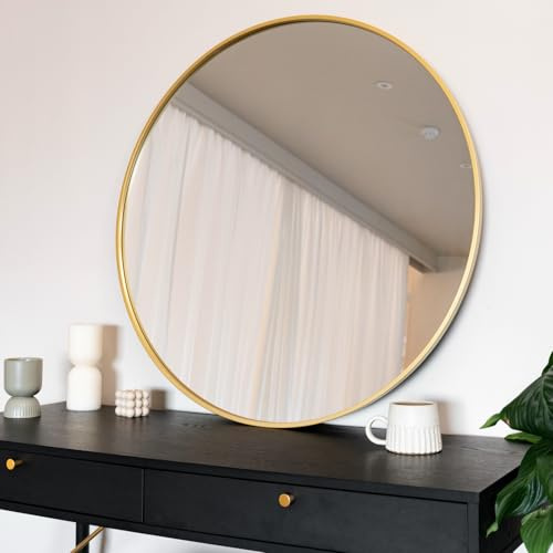 Jobu | 90cm Round Wall Mirror – Modern Gold Metal Circle Mirror for Living Room, Hallway, Bedroom & Bathroom | Rei