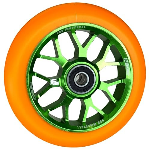 Fantic26 Spy7 Stunt Scooter Rolle I Trick I Tret I Kinder I Roller I Reifen I Rad I Ersatz I Wheel I 110mm I ABEC-11 I Schnell I Leise I Park I Street (Grün/Pu Orange)