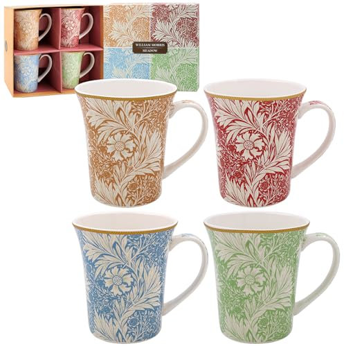 The Leonardo Collection Meadow Mugs - Juego de 4 tazas de té y café de William Morris, para bebidas calientes, tazas impresas de porcelana fina para cocina y hogar, tazas de cerámica reutilizables