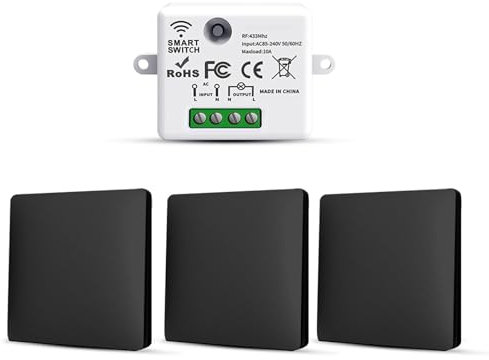 HYHIOTS Interruttore senza fili, 3 interruttori di illuminazione senza batteria, cavo con trasmettitore e controller RF433 10A 240V (kit 3 vie)