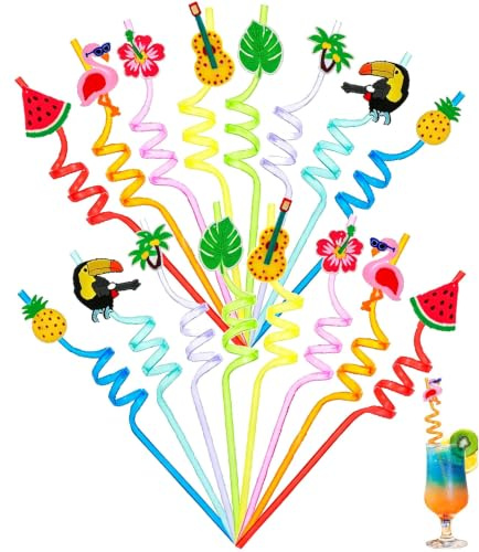 16 Stück Cartoon Kinder Strohhalme, BetterJonny Wiederverwendbare Plastik Strohhalme Lockige Farbige Trinkhalme Plastik für Geburtstag Hawaii Party Deko