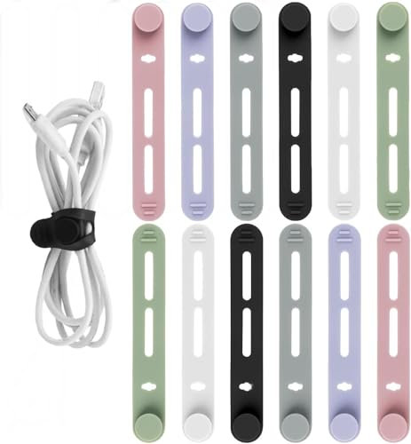 Trifletopia 12PCS Reusable Cable Ties - Cable Tidy Clips - Silicone Wire Organiser Straps - Flexible Cord Management for Earphone, Charger, USB, Computer Cables - 12x80mm (Multicolour)