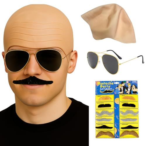 MUNSKT Latex Glatzenhut Unisex Make-up Zubehör Realistische Dicke Haut Glatzen Perücke Kappe mit Sonnenbrille Schnurrbart Fasching Rollenspiel Cosplay Kostüm für Halloween Karneval