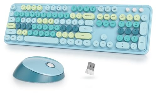 Vumilstek Light Blue Keyboard and Mouse Set Wireless, American QWERTY Retro Typewriter 2.4GHz Full Size Round Keys with Number Pad for Students Home Office PC Laptop(Colorful Blue)