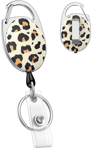 Uniclife Schlüsselband Ausziehbar, Leopardenprint Schlüsselanhänger ABS 70g | Ausweishalter Ausziehbar, Karabiner & Gürtelclip, Nylonseil 61 cm, Edelstahl-Feder, Schlüsselring, 10000+ Züge