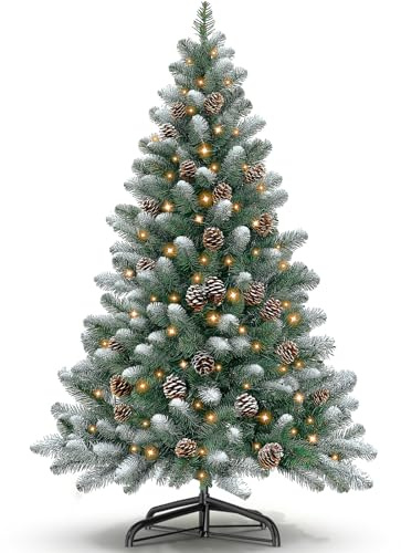 Kidsgigglz Künstlicher Weihnachtsbaum 120cm mit Beleuchtung, 8 modi Tannenbaum Künstlich, PVC Christbaum für Weihnachten Dekoration mit Tannenzapfen, Tannennadel & Klappsystem, Faltbarem Ständer, Grün