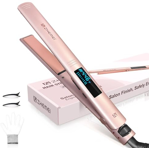 ZM ZHEMEI Hair Straightener, 1 Inch Flat Iron Hair Straightener with LED Display, Professional PTC Ceramic Negative Ion Hair Iron Dual Voltage for Women Hair, Heats up to 446°F, 6 Temps (Rosegold)
