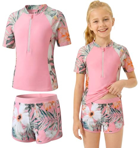 Baogaier Girls Swimsuit Short Sleeve Quick Dry Swimming Costume, 5-14 Years | Printed Two Piece Swimsuits with Padded Bra, Zip Swim Shirts + Shorts, Swimwear for Beach Pool, Bathing Suits, Sun Protection