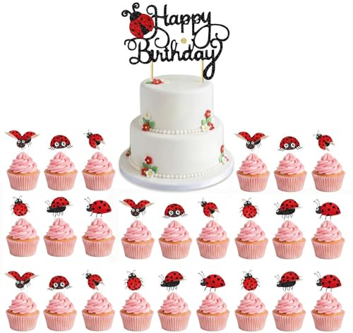 Yphzmtz 25 Stück Marienkäfer Cupcake Topper Set, Niedliche Ladybug Geburtstag Deko, Happy Birthday Marienkäfer Cake Topper für Jungen Mädchen Geburtstagsparty