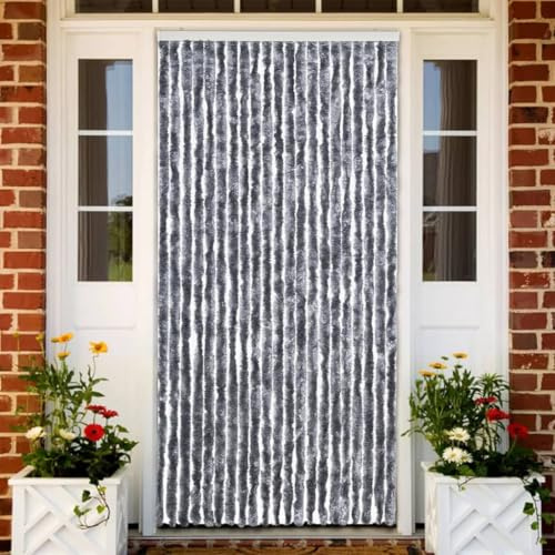 Mangloder Vorhang silbern 90 x 200 cm aus Chenille für Tür, Balkontür, Fenster und Wohnwagen, leise, wasserdicht, zuschneidbar, mit Haken zur Befestigung
