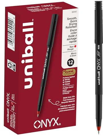 uni-ball ONYX Rollerball Pen, Micro Point (0.5mm), Red, 12 Count | Silky-smooth glide, acid-free archival ink, uni Super Ink protects against water, fading & fraud, 73% recycled materials