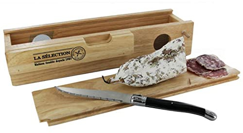 Totally Addict KD3158 Cave à saucisson et couteau La Sélection Brasserie Bois et inox Beige et gris H10,5 x 7,5 x 32,5 cm