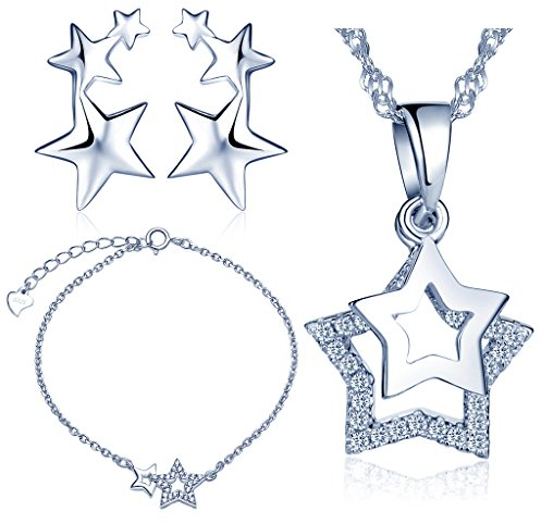 Yumilok 925 Sterling Silber Zirkonia Sterne Halskette Charm-Armband Ohrstecker Schmuck Set Armkette Ohrringe Kette mit Anhänger Set für Damen Mädchen
