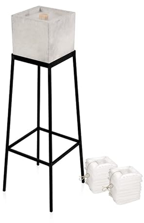 Beske-Manufaktur Betonfeuer inklusive Ständer und Nachfüllwachs im Komplettset | Größe des Betonfeuers 17x17x17cm | Gartenfackel Feuerstelle Dauerdocht Outdoor Kerze Tischfeuer | Höhe 60cm