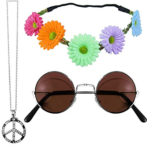 Das Kostümland Hippie Set 3-tlg. - Margeriten Haarband, Peace Kette und Lennon Brille - Bunt mit brauner Brille