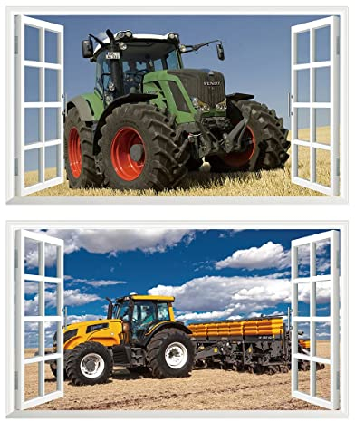 2Pcs Wandtattoo Traktor Trecker 3D Effekt XXL Farm Feld Landwirtschaft Wandaufkleber Fenster Selbstklebend für Junge Kinderzimmer v11 1000 mm breit x 600 mm tief (groß)