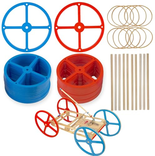 Large Plastic Toy Project Wheels and Axles, for Mousetrap Car and Rubber Band Car Projects, 20 Wheels, 20 Rubber Bands, 10 Dowels