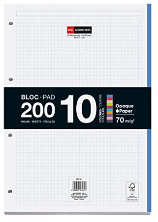 Miquelrius - Bloc de recharge collé, 200 feuilles quadrillées 5x5 mm, Papier opaque 90 g/m², Recharge de feuilles A4 perforées pour classeur à anneaux ou archivage, Fournitures scolaires