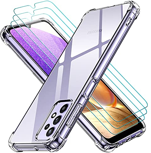 ivoler Klar Hülle für Samsung Galaxy A32 5G mit 3 Stück Panzer Schutz Glas, Dünne Weiche TPU Silikon Transparent Stoßfest Schutzhülle Durchsichtige Kratzfest Handyhülle Case