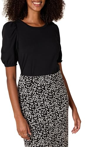 Amazon Essentials Women's Classic-Fit Puff Short-Sleeve Crewneck T-Shirt, Black, Small