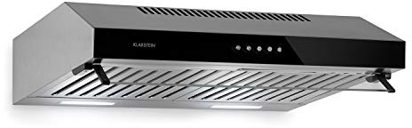 KLARSTEIN Purista - Cappa Aspirante Sottopensile, Larga 60 cm, Acciaio Inox, a Parete, Luce Alogena, Potenza Aspirante:186 m³/h, Schermo in Vetro Apribile, Nero