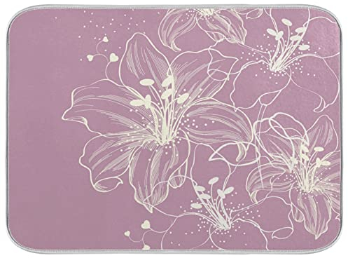 Saugfähige Abtropfmatte für Geschirr, lila blühende Lilien, Geschirr, Abtropfmatte, Topflappen mit Aufhängeöse für Küche, Arbeitsplatten, Spüle, Kühlschrank, 40,6 x 45,7 cm