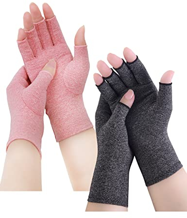 AovYoo 2 Paar Arthrose Handschuhe Fingerlose Kompressionshandschuhe, Arthriti Gaming Handschuhe für Arbeit Schlafen Sport,Bietet Halt und Wärme für die Finger (M, Grau+Rosa)