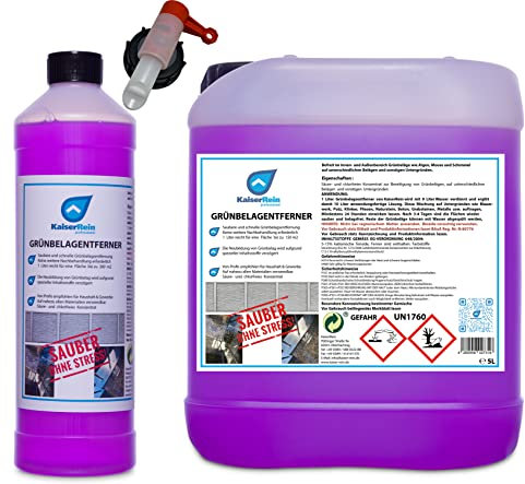 KaiserRein Profi Grünbelagentferner Moosentferner Algenentferner 5 L Kanister inkl. 1L Flasche und Hahn extrem ergiebiges Konzentrat 5 L ergibt 50 L (für bis zu 750 m²) Grünspan-Entferner