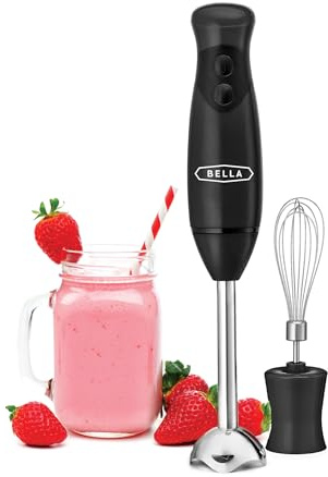BELLA 2-Speed Hand Immersion Blender with Whisk Attachment, 250 Watt, Black, Immersion Blender with Dishwasher Safe Whisk & Blending Attachments for Food Prep (17579)