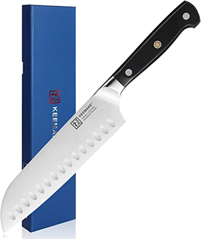 KEEMAKE Santoku Knife 7 inch, Japanese Chef Knife with High Carbon German Stainless Steel Blade, Sharp Kitchen Knives with Ergonomic Black Handle Professional Cooking Knives
