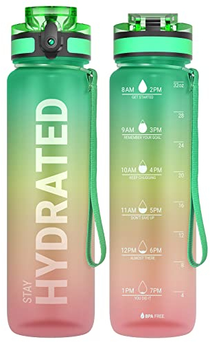 Sahara Sailor Bouteille d'eau étanche de 1 L Tritan sans BPA avec marqueur de temps transparent, couvercle de verrouillage, brosse facile à nettoyer, durable pour la gym, l'école, la randonnée, le